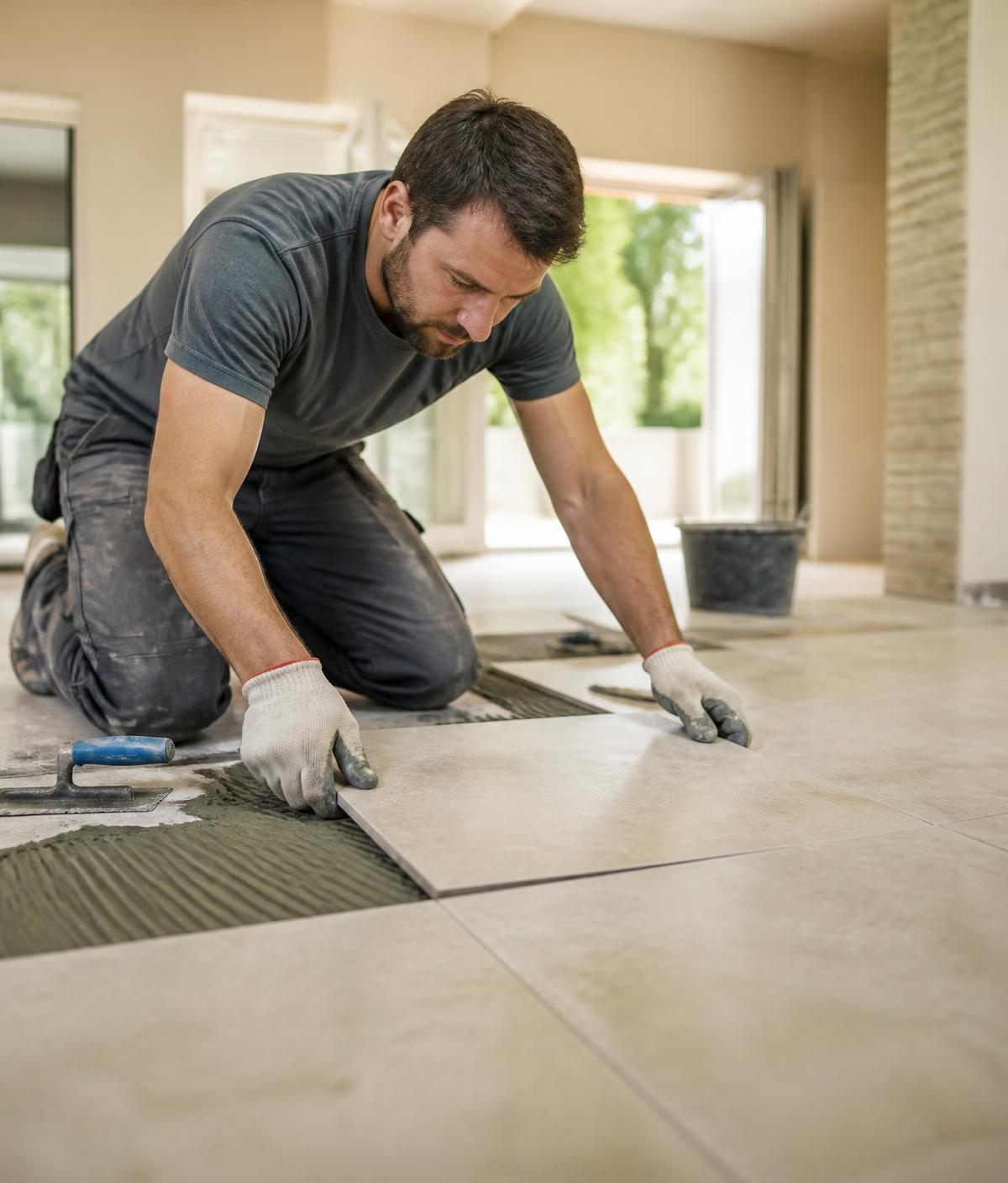 Technician installing tile flooring in a residential property